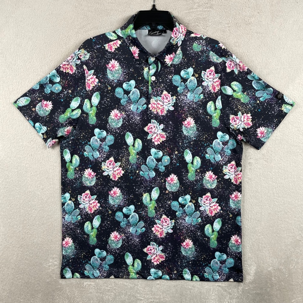 Sunday Swagger Polo Shirt Mens Large Black Colorful Cactus Floral Golf Stretch